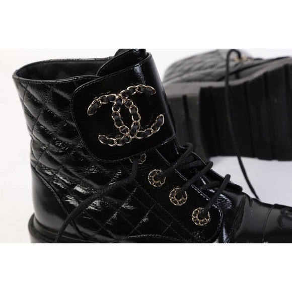 CHANEL Black Logo Quilted Patent Leather Combat Ankle Boots Booties Size 36 - Picture 9 of 14